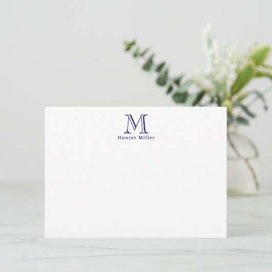 Carte Masculine bleu initial Monogramme et nom plat Note (Debout devant)