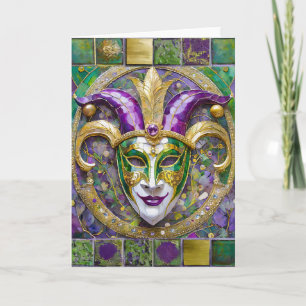 Carte Masque de Jester Mardi Gras Vert Pourpre Doré