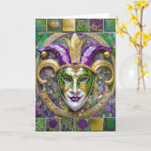 Carte Masque de Jester Mardi Gras Vert Pourpre Doré (Fleur jaune)