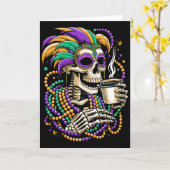Carte Masque de perles de squelette buvant du café Mardi (Fleur jaune)