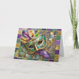 Carte Masque de plumes colorées vert et or de Mardi Gras