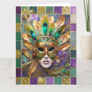 Carte Masque de plumes de paon vert et or de Mardi Gras