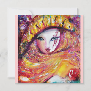 Carte MASQUE EN JAUNE, MARDI GRAS PARTY rose violet roug