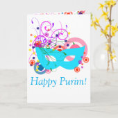 Carte Masque turquoise de Purim avec des remous (Fleur jaune)