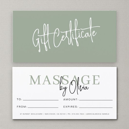 Carte Massage Therapist Sage Green Gift Certificates