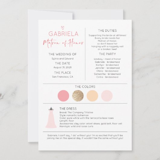 Carte Matron d'honneur Proposition et information (Devant)