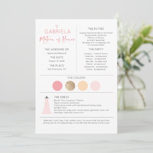 Carte Matron d'honneur Proposition et information (Debout devant)