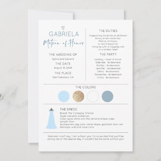 Carte Matron d'honneur Proposition et information (Devant)