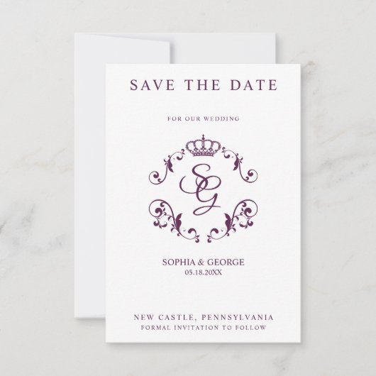 Carte Mauve Ornamental Border with Crown & Initials (Devant)