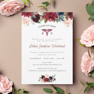 Carte Médicale Bourgogne Red Floral Graduation Party