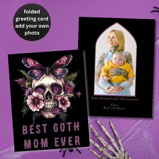 Carte Meilleure Goth Maman Jamais Crâne Moth Purple Fête