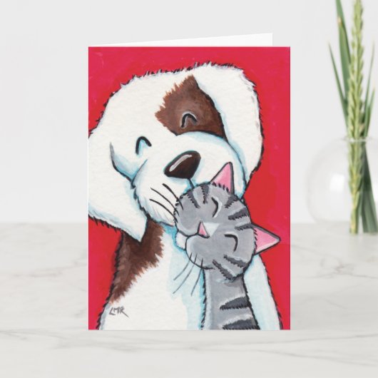 Carte Meilleurs amis - Cute Whimsical Tabby Cat & Chien  (Devant)