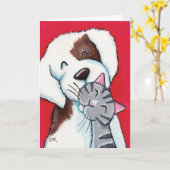 Carte Meilleurs amis - Cute Whimsical Tabby Cat & Chien  (Fleur jaune)