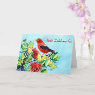 Carte Mele Kalikimaka Iiwi Bird and Ohia Lehua Flower