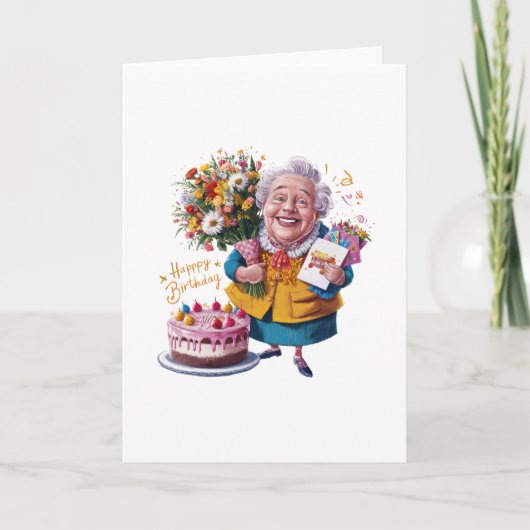 Carte Mémé à vélo avec gâteau et ballons (Devant)