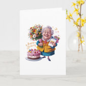 Carte Mémé à vélo avec gâteau et ballons (Fleur jaune)