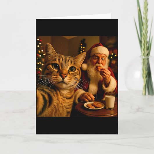 Carte Meme de Noël de chat drôle de selfie avec le Père (Devant)