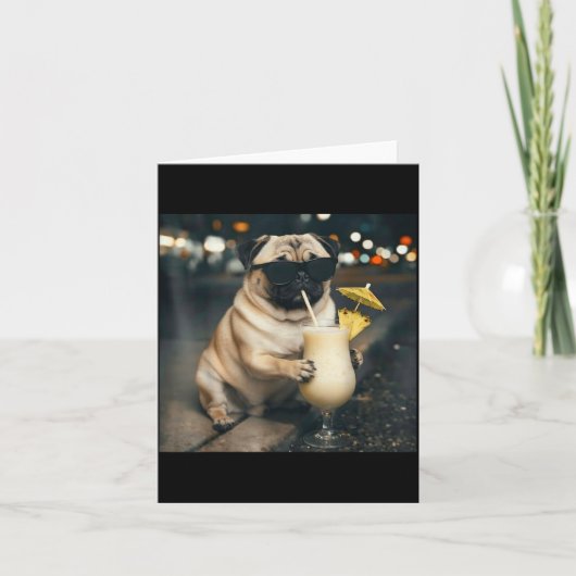Carte Mème drôle de pug buvant un pina colada  (Devant)