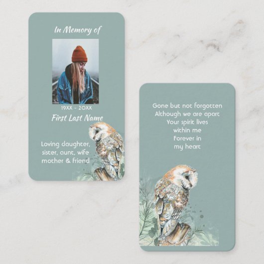 Carte mémoire mémorial aquarelle Barne Chouette Oi (Devant / Derrière)