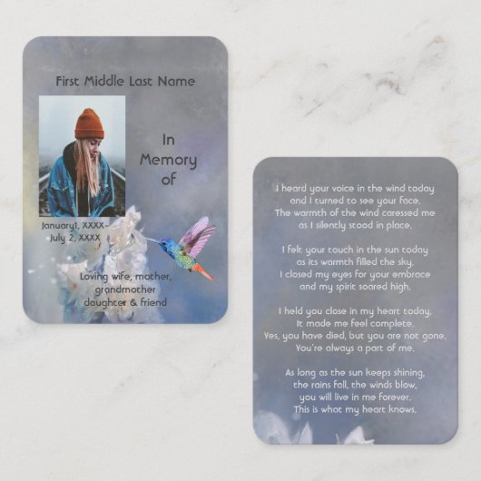 Carte mémoire Mémorial Fleurs blanches colibris (Devant / Derrière)