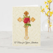 Carte Mémorial catholique offrant Croix Rose rouge (Fleur jaune)