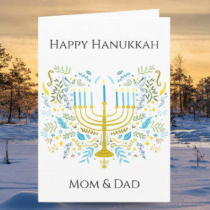 Carte Ménorah de Hanukkah joyeuse avec des fleurs Maman
