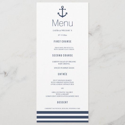 Carte menu Ancre nautique et dîner Mariage rayé (Devant)