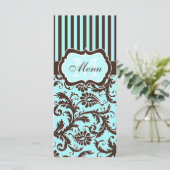 Carte menu Aqua, Brown, blanc rayé Damask (Debout devant)