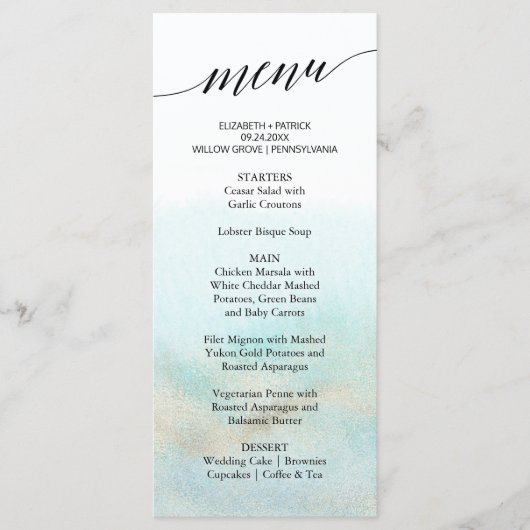 Carte menu Aqua et Gold Watercolor Beach Dinner (Devant)