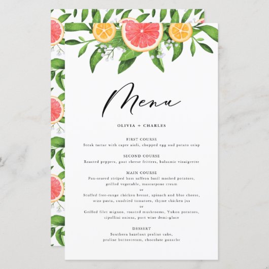 Carte menu Aquarelle Pamplemousse et Oranges Citru (Devant / Derrière)