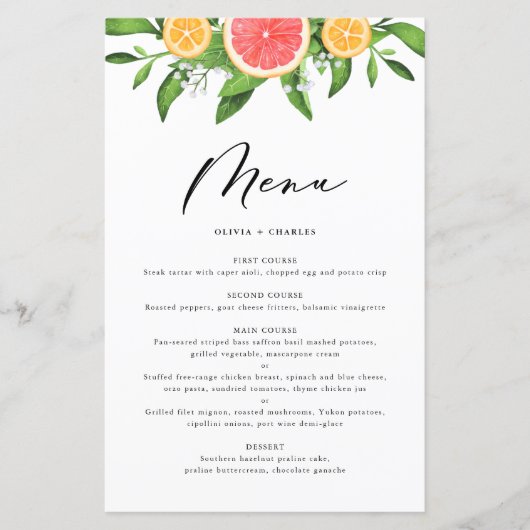 Carte menu Aquarelle Pamplemousse et Oranges Citru (Devant)