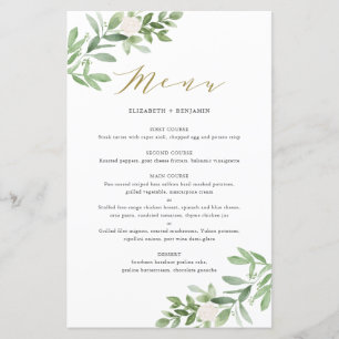 Carte menu Aquarelle verte et fleurs blanches