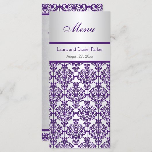 Carte menu Argent et Pourpre Damask (Devant / Derrière)