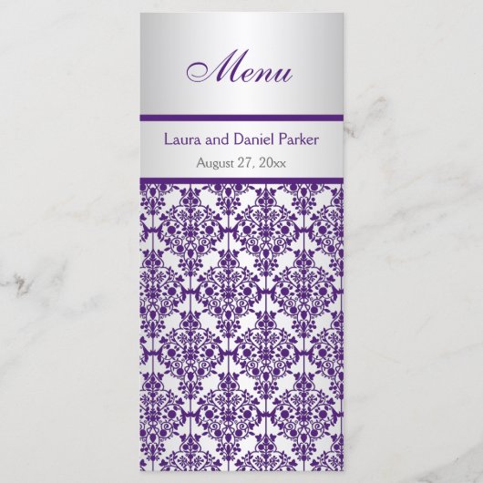 Carte menu Argent et Pourpre Damask (Devant)