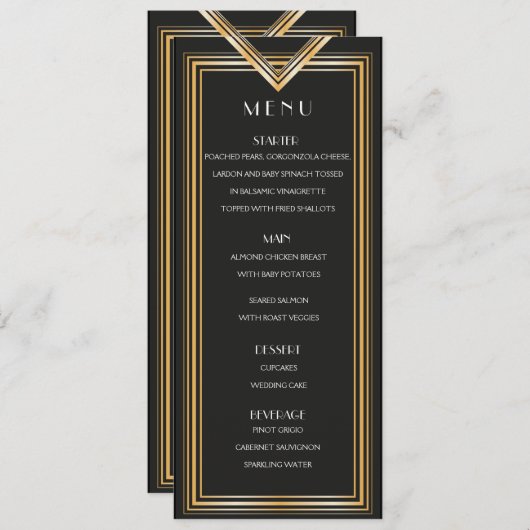Carte menu Art déco années 20 | Gatsby parti inspi (Devant / Derrière)