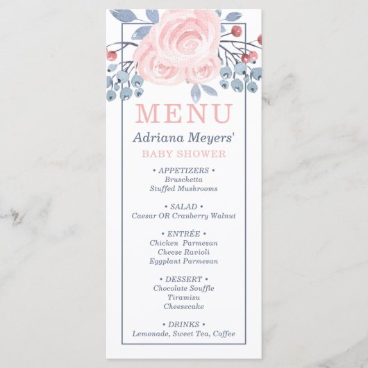 Carte Menu baby shower, Bleu, Rose (Devant)