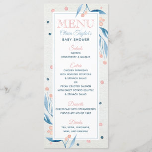 Carte Menu baby shower, Bleu, Rose