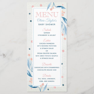 Carte Menu baby shower, Bleu, Rose
