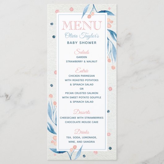 Carte Menu baby shower, Bleu, Rose (Devant)