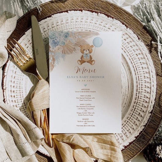 Carte menu Baby shower de l'ours en peluche bleu B