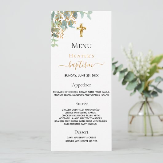 Carte menu Baptism eucalyptus vert (Debout devant)