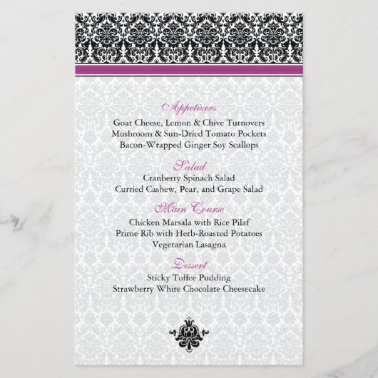 Carte menu Berry Purple, Black, White Damask (Devant)