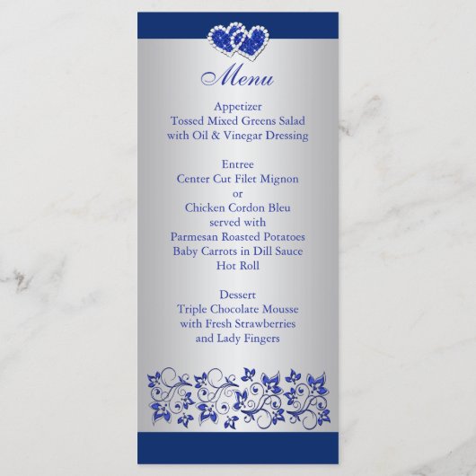 Carte Menu Bleu, Gris Argent Floral, Coeurs (Dos)