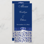 Carte Menu Bleu, Gris Argent Floral, Coeurs (Devant / Derrière)