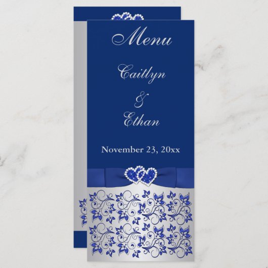 Carte Menu Bleu, Gris Argent Floral, Coeurs (Devant / Derrière)