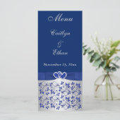 Carte Menu Bleu, Gris Argent Floral, Coeurs (Debout devant)