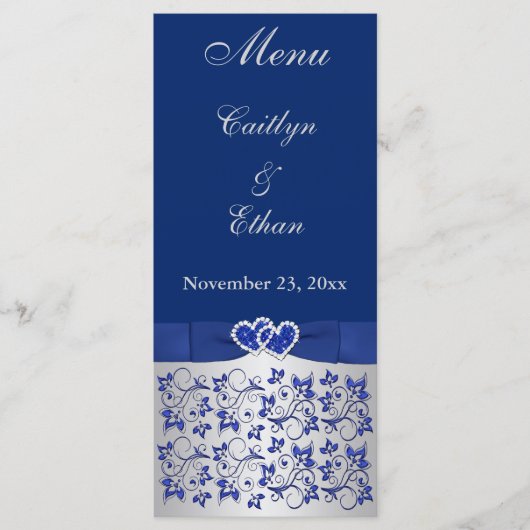 Carte Menu Bleu, Gris Argent Floral, Coeurs (Devant)