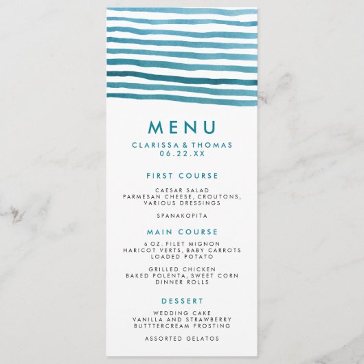 Carte menu Bleu Watercolor Stries (Devant)