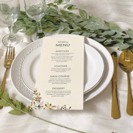 Carte Menú boda flores tropicales bohemio clásico