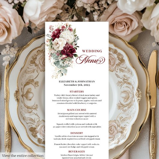 Carte menu Boho burgundy white gold floral mariage